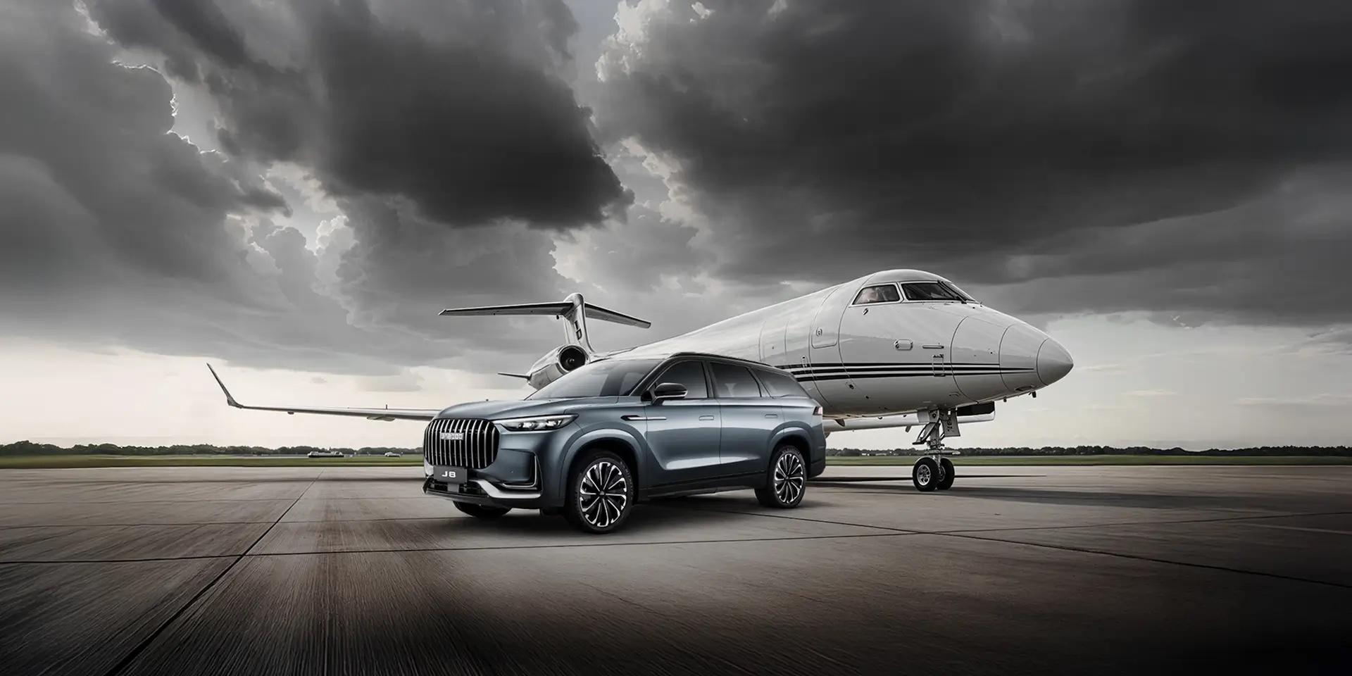 Jaecoo J8 on an airfield beside a private jet